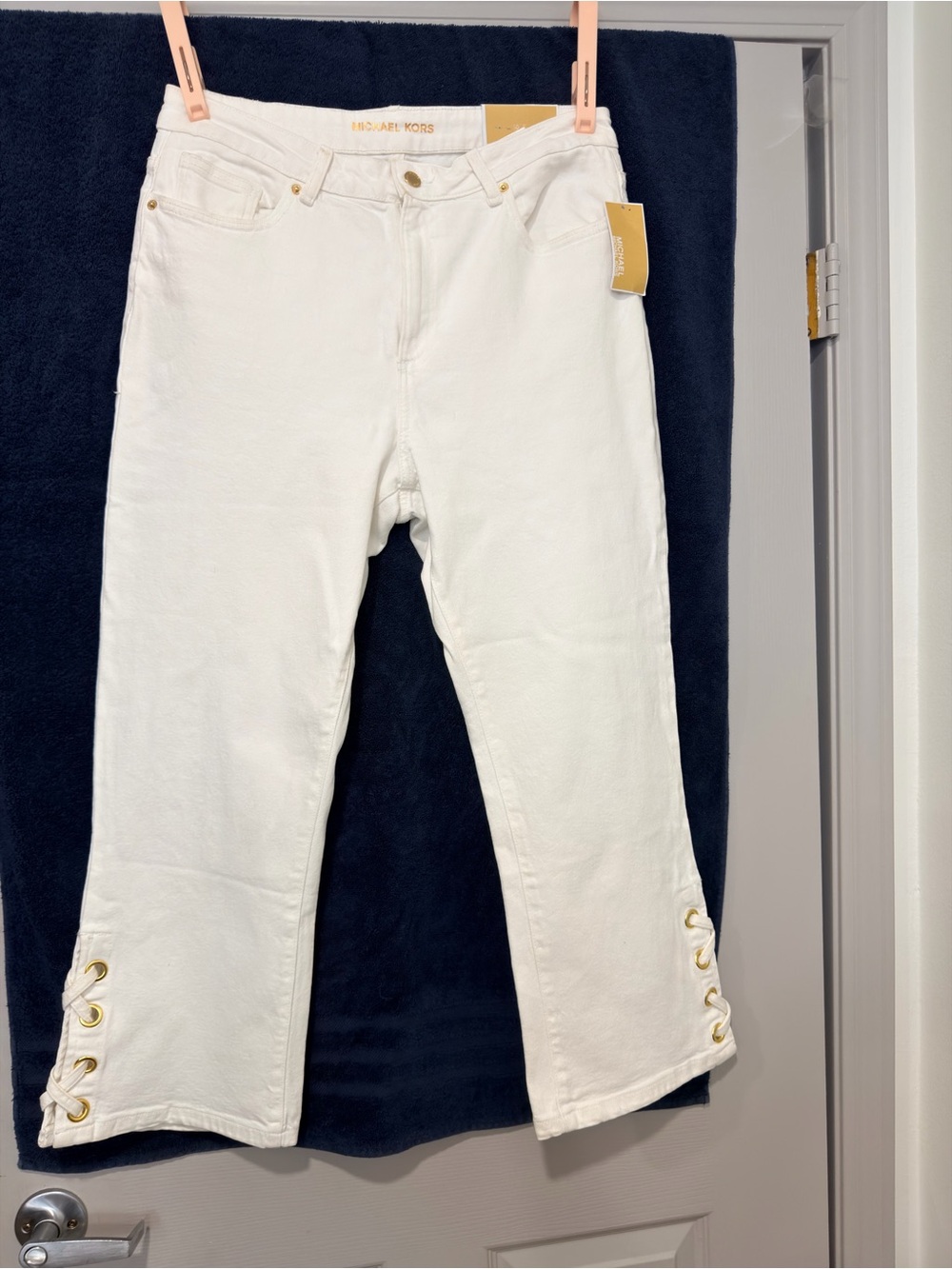 Michael Kors White Ankle Crop Jeans with Side Grommet Detail